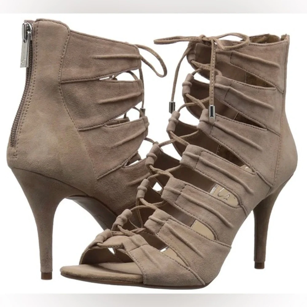 Jessica Simpson Suede JS‎ Mahiri Women's Lace-Up Tan Heeled Sandals.New Peep Toe